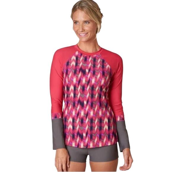 PRANA Womens Lorelie Pink Gray UV Rashguard Long Sleeve Swim Surf Medium - Picture 1 of 9